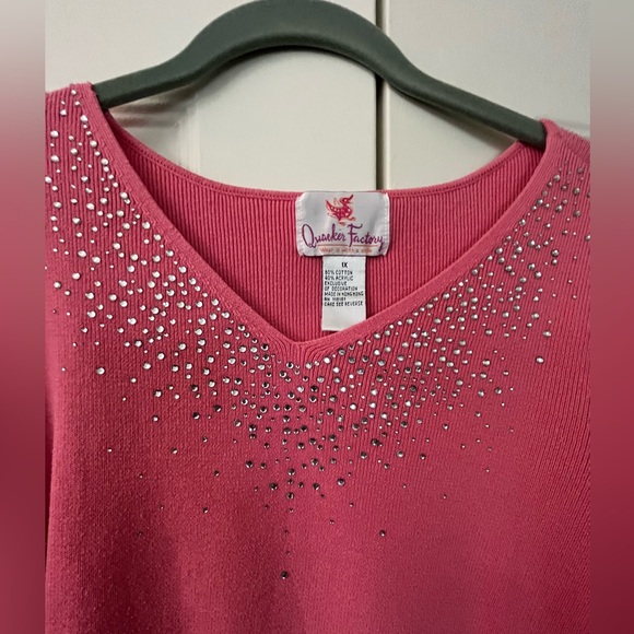 Quacker Factory Ribbed Sweater V- Neck Rhinestones - Picture 2 of 6
